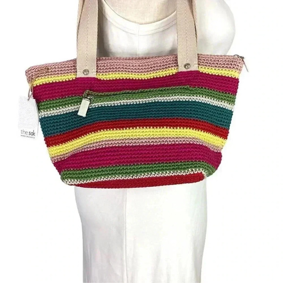 The Sak Mendocino Stripe Crochet Small Double Strap Zip Top Tote Vegan NEW Multi - Picture 2 of 11